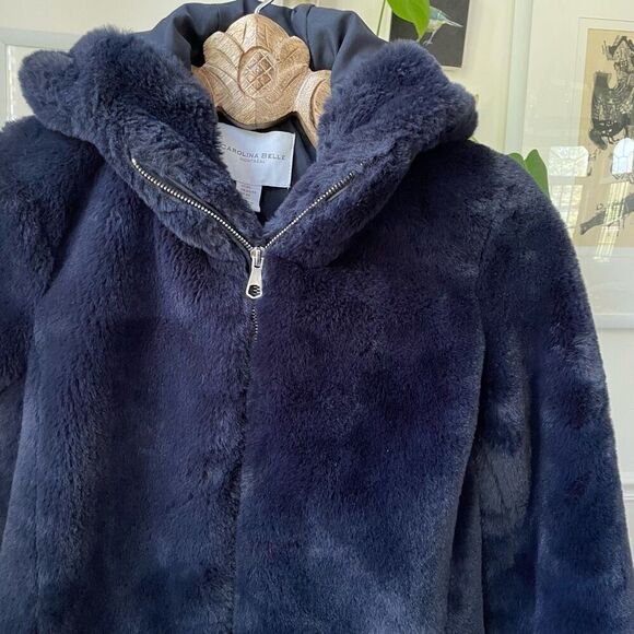 Carolina Belle Dark Blue Faux Fur Plush Hooded Coat XS - Picture 2 of 8